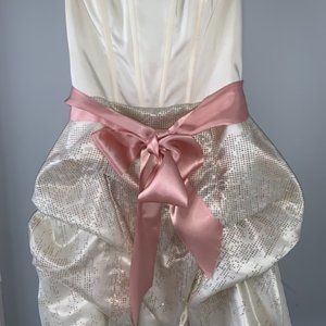 Jessica McClintock White & Pink Shimmery Short Formal Dress with Satin Pink Bow